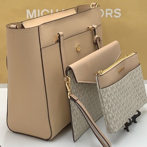 Michael Kors Maisie Large Pebbled Leather 3-in-1 Tote Bag Buff Signature Multi